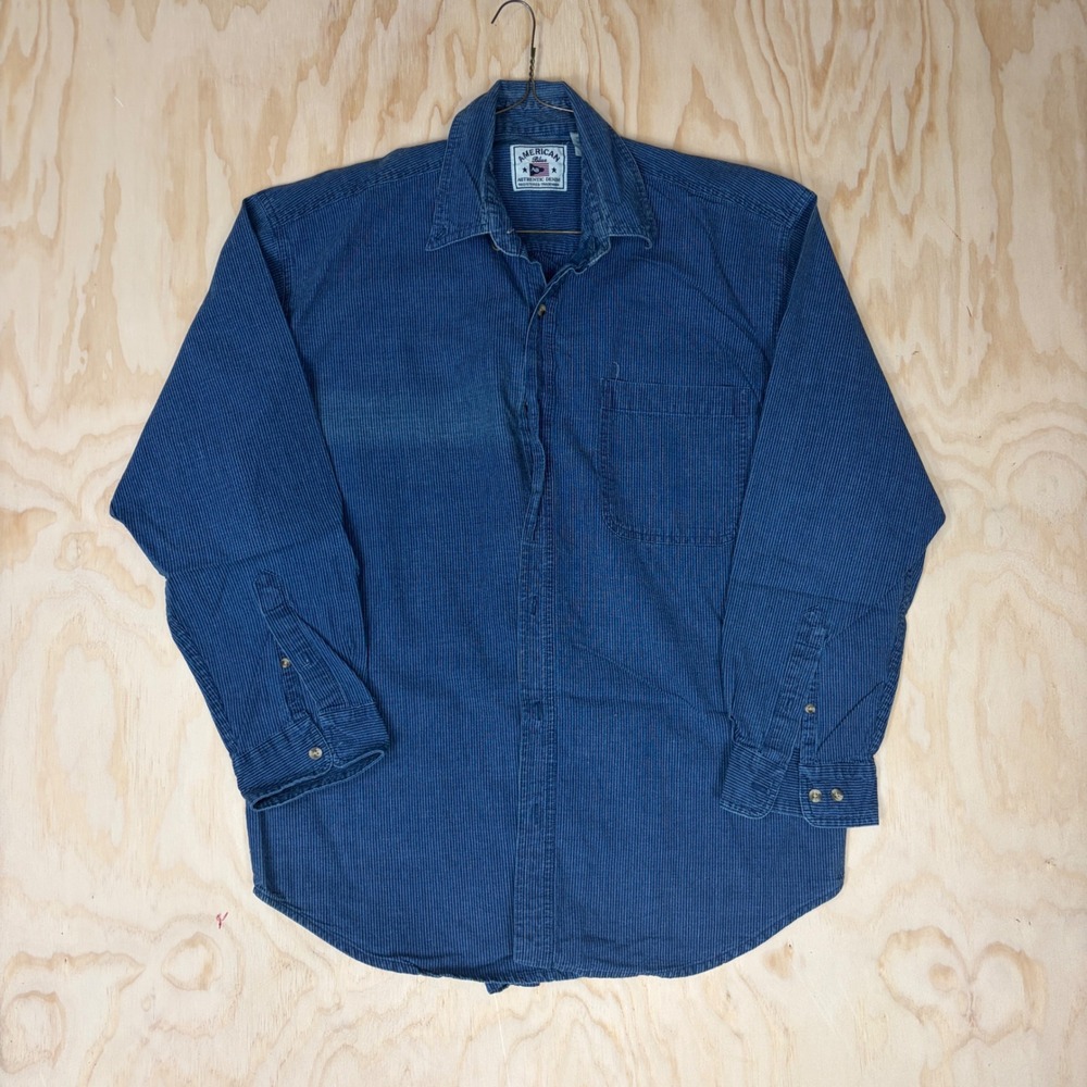 American Blue Mens Large Blue Pinstripe Denim Long Sleeve Button Up Shirt Cotton